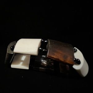African Bone & Bead Bracelet. Rich Brown & White Bone, Black Beads.